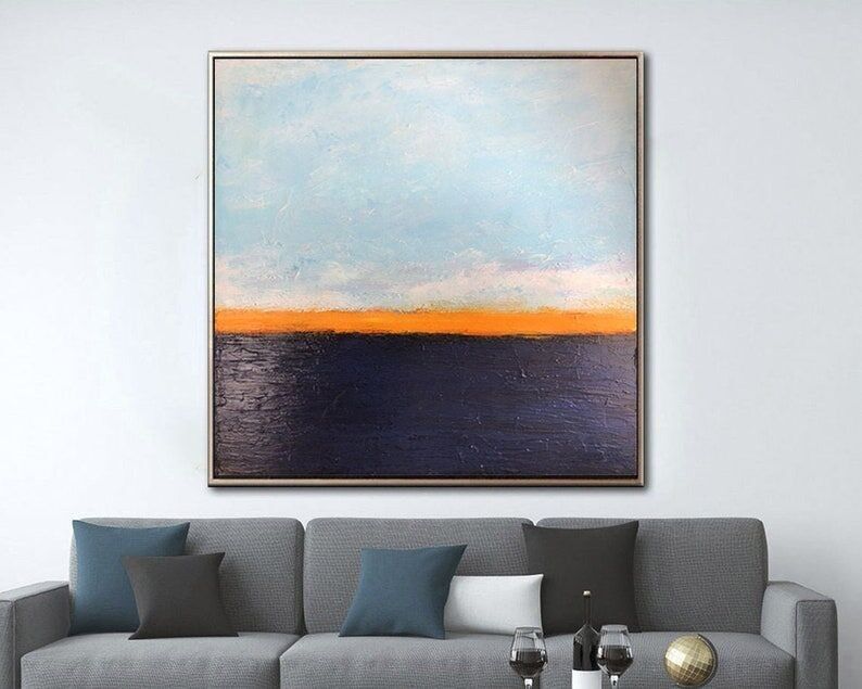 Abstract Horizon Painting – Large Blue and Orange Modern Canvas Wall Art