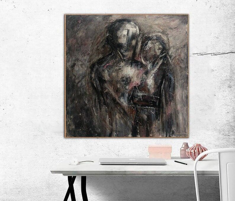 Abstract Couple Embrace Painting – Textured Figurative Wall Art on Canvas for Modern Home Decor