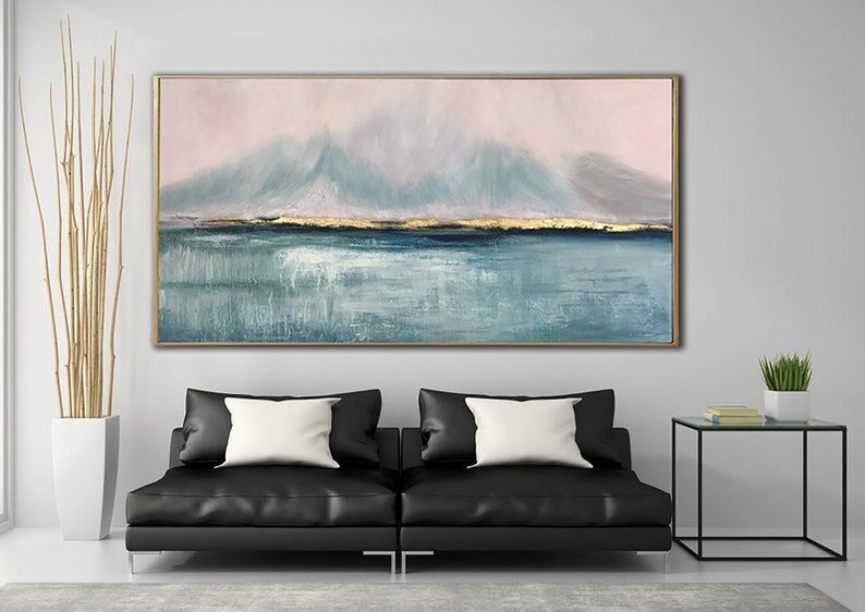 Large Ocean Abstract Painting on Canvas – Blue Sea Horizon Wall Art