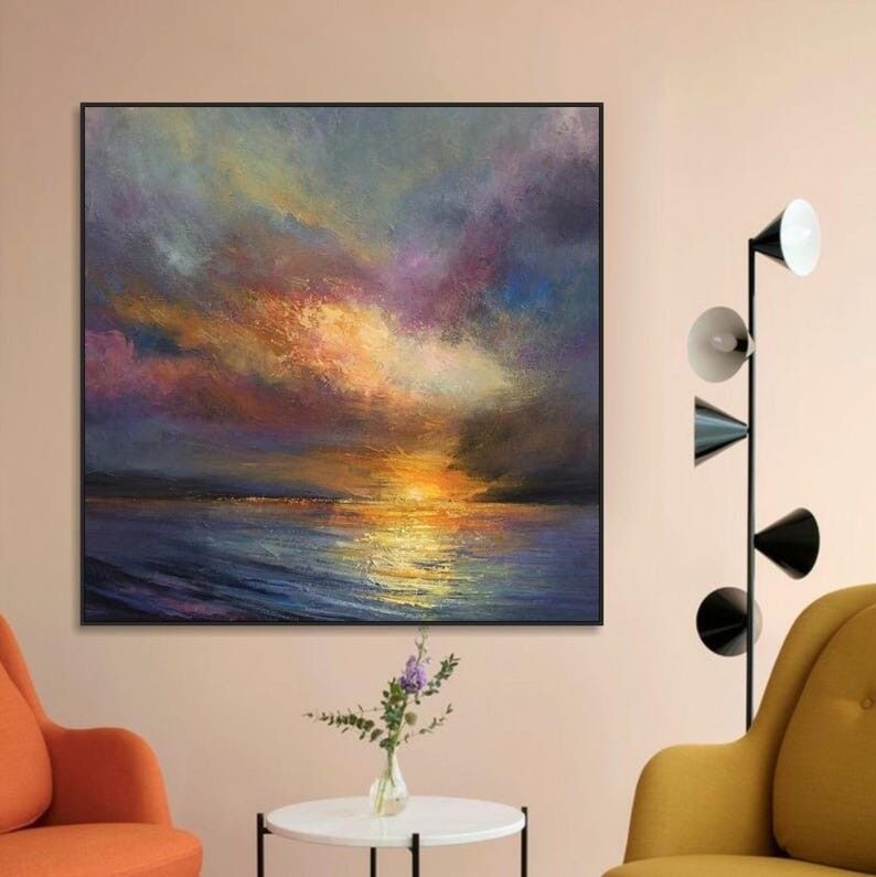 Vibrant Sunset Ocean Canvas Painting | Colorful Abstract Wall Art