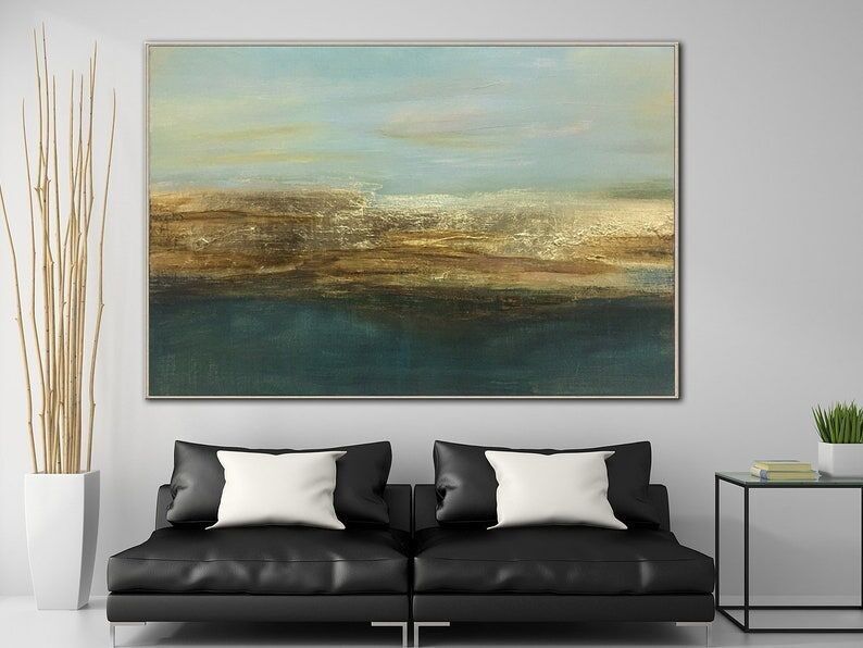 Large Abstract Landscape Painting: Blue & Gold Textured Canvas Art