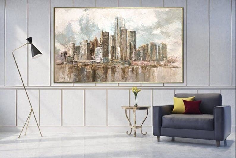 Large Neutral Cityscape Oil Painting Skyline Wall Art on Canvas