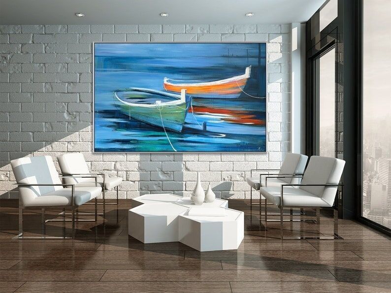 Abstract Boat Painting: Tranquil Waters, Modern Coastal Wall Art