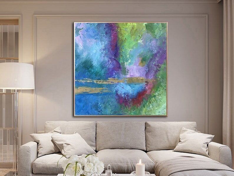Large Abstract Canvas Art – Blue, Green & Purple Textured Oil Painting