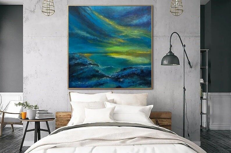 Aurora Borealis Painting – Blue Green Abstract Mountain Sunset Landscape Canvas Wall Art