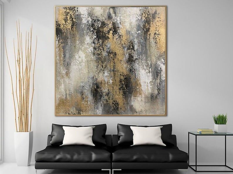 Original Gold Leaf Abstract Painting: Grey Oil Artwork on Canvas