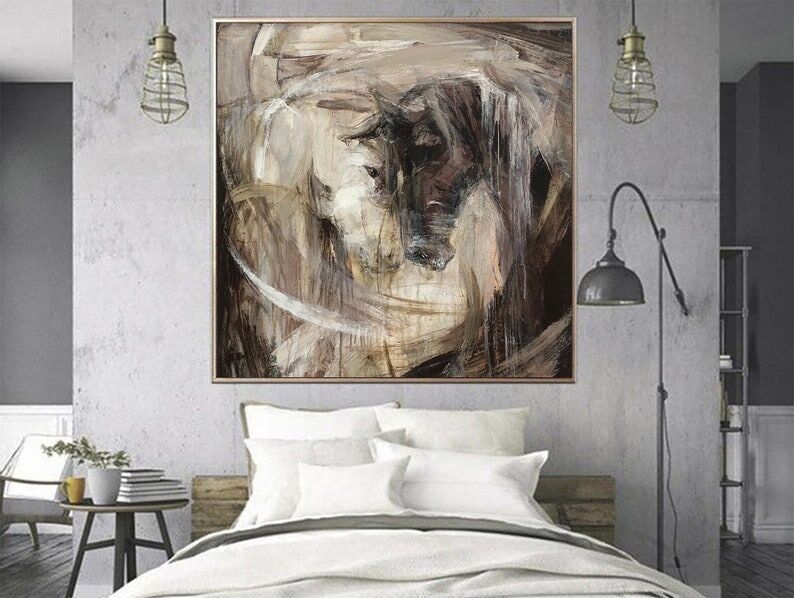 Brown Beige Horses Wall Art – Large Textured Abstract Romantic Painting