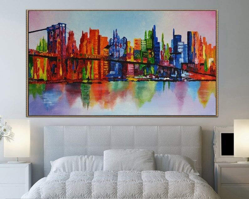 Abstract Cityscape Painting: Colorful Skyline Acrylic Canvas Wall Art