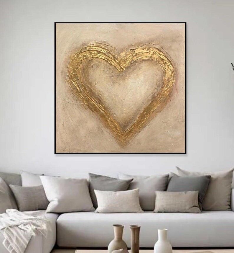 Gold Heart Abstract Painting – Romantic Textured Canvas Wall Art, Neutral Modern Home Decor