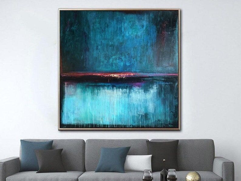 Original Abstract Seascape Painting: Textured Blue & Red Art