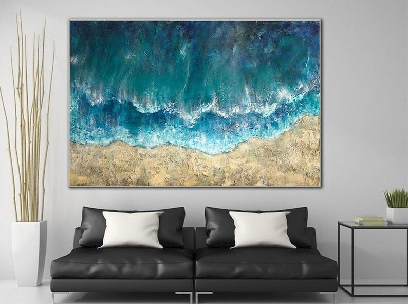 Abstract Ocean Waves Painting – Turquoise Seascape Canvas Art, Coastal Beach Wall Decor