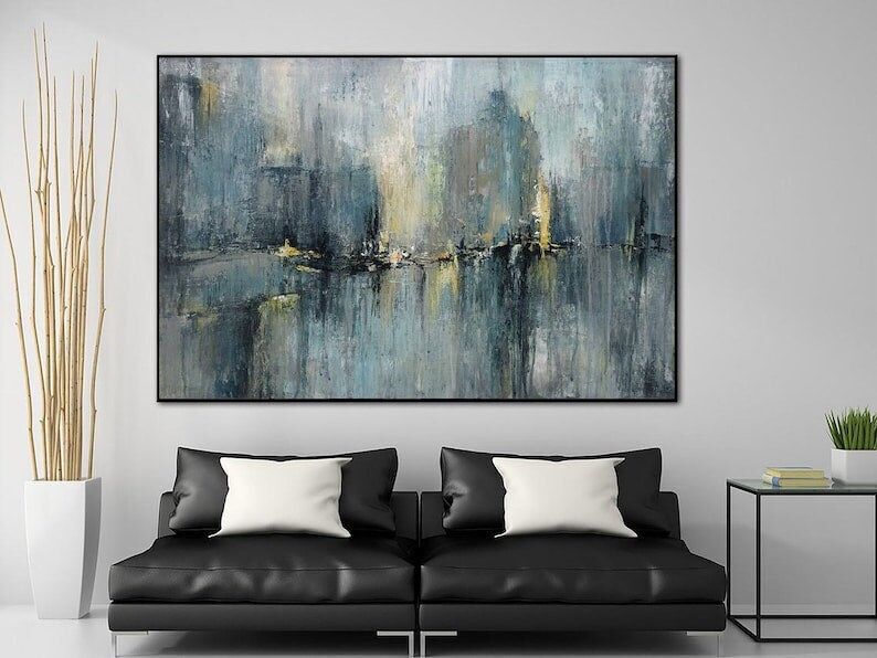 Abstract Cityscape Painting – Navy Blue and Gray Skyline Canvas Art, Textured Modern Urban Wall Decor