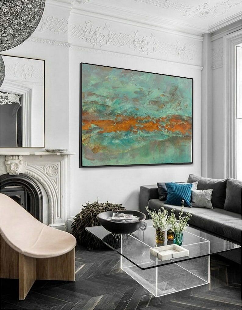 Large Teal and Rust Abstract Painting – Modern Turquoise Textured Canvas Wall Art for Living Room