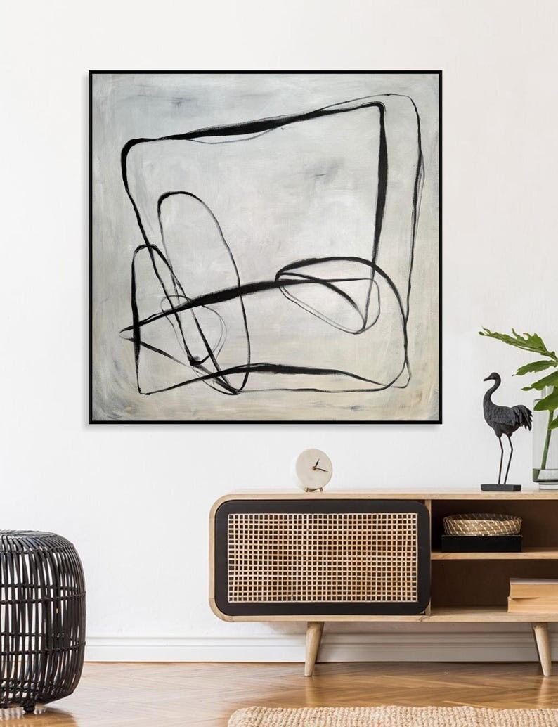 Abstract Line Dance Painting: Black and White Modern Art on Canvas