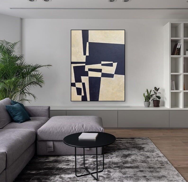 Textured Geometric Abstract Painting: Black and Beige Canvas Art