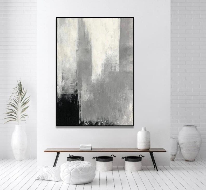 Large Urban Abstract Painting: Black, White & Grey Canvas Art