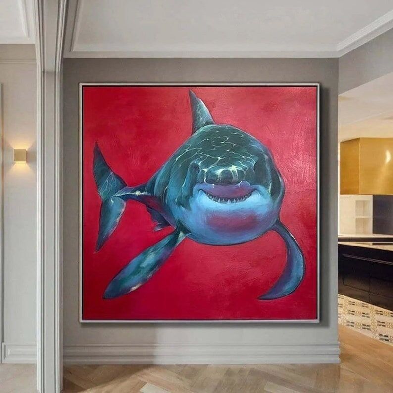 Smiling Shark Painting – Playful Ocean Wall Art on Canvas for Modern Decor