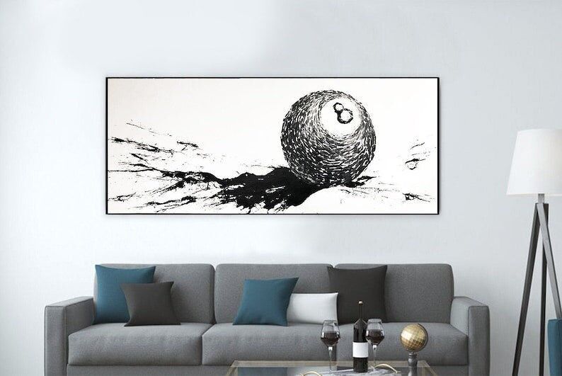 Black and White 8 Ball Painting: Modern Textured Abstract Canvas Art