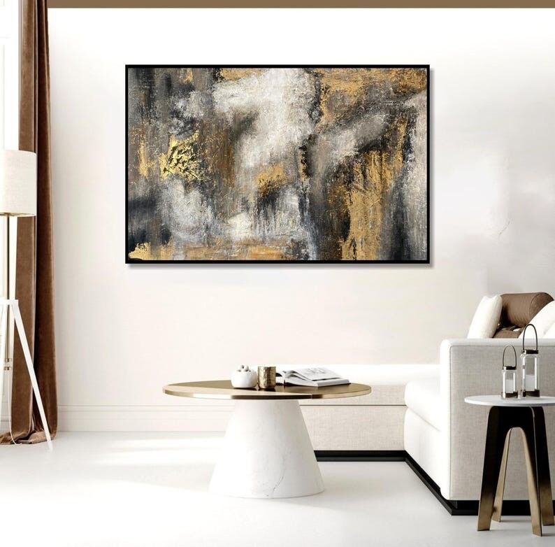 Large Abstract Textured Painting: Grey, Gold Leaf, Modern Wall Art (40"x60")