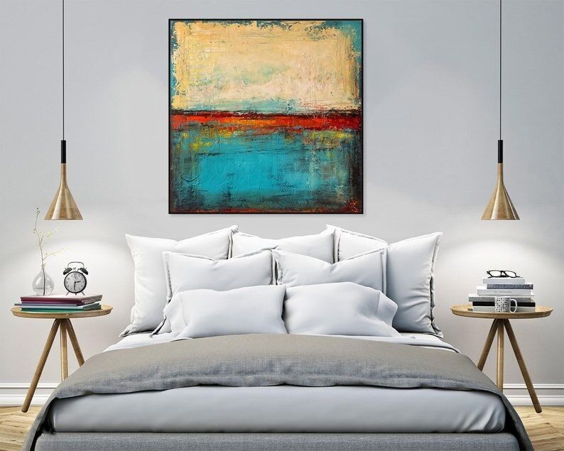 Grande peinture abstraite dans les tons bleus, rouges et beiges – Style texturé de Mark Rothko