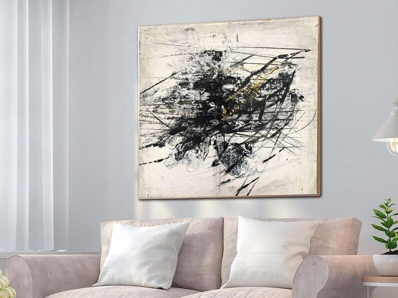 Peinture abstraite en noir et blanc – Œuvre originale sur toile avec accents dorés, décoration murale moderne