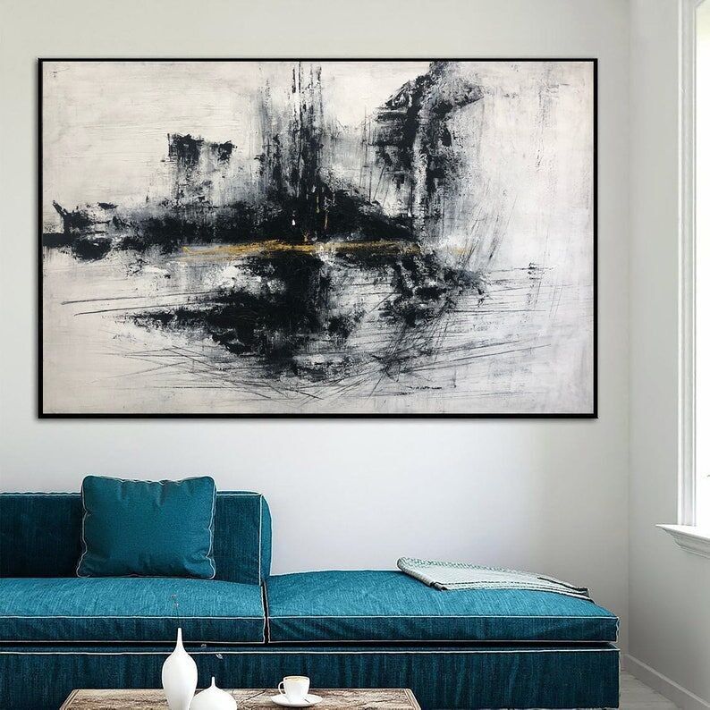 Peinture à l'huile abstraite en noir et blanc avec une touche dorée : Art moderne sur toile