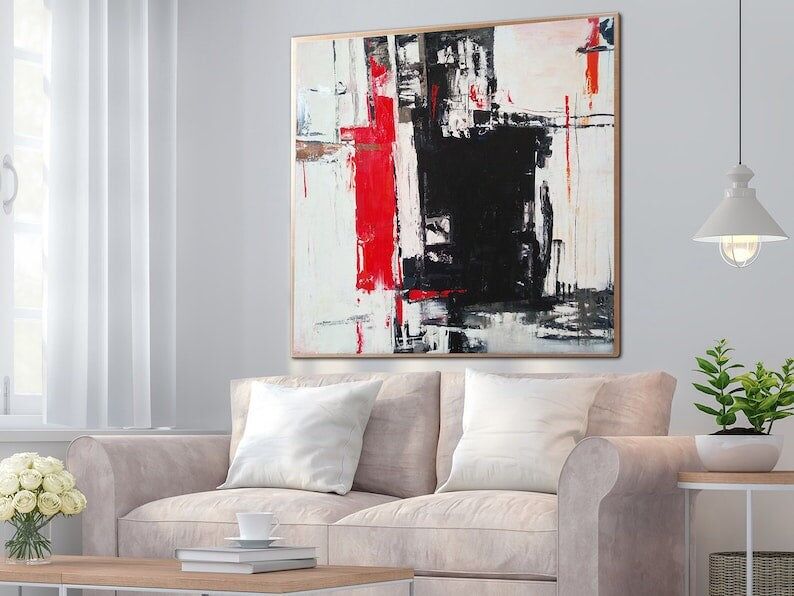 Peinture abstraite en noir et blanc : traits rouges modernes, décoration de chambre indie