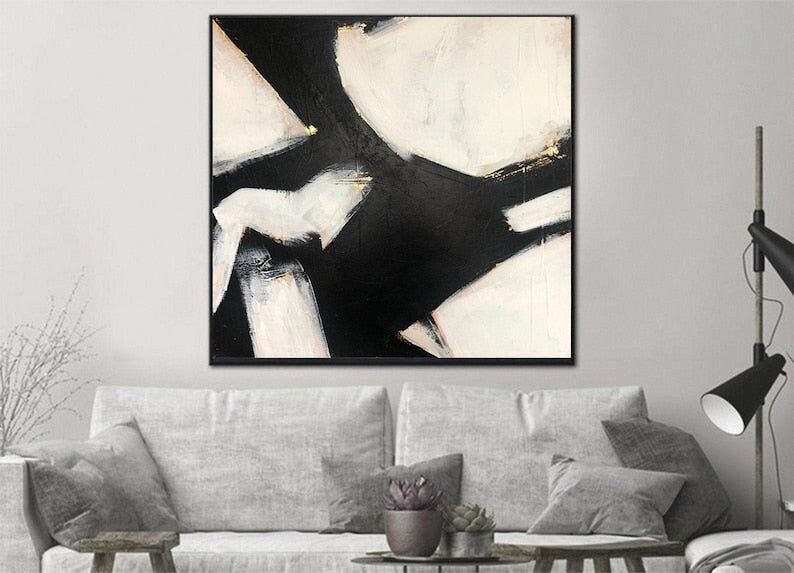 Peinture abstraite géométrique moderne en noir et blanc – Art mural moderne minimaliste et texturé