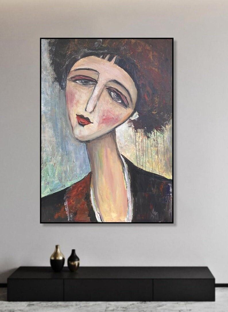 Portrait abstrait original de femme : œuvre expressionniste texturée (40 po x 30 po)