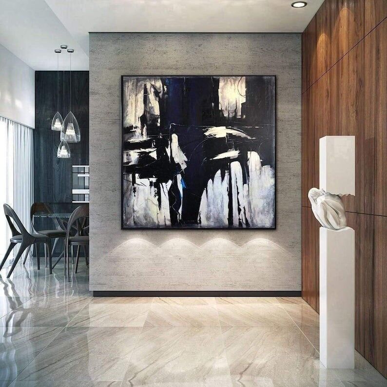 Grande peinture abstraite en noir et blanc – Toile texturée monochrome moderne