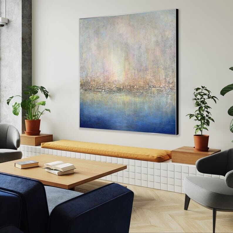 Peinture de paysage abstrait : Toile texturée aux tons pastel (101,6 x 101,6 cm)