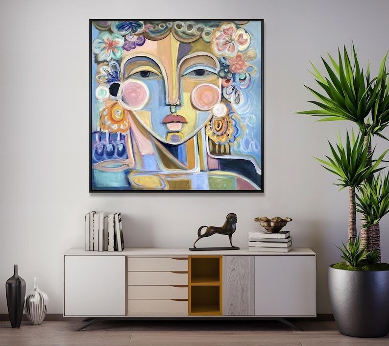 Portrait abstrait de femme – Tableau sur toile bohème chic et vibrant 46" x 46"