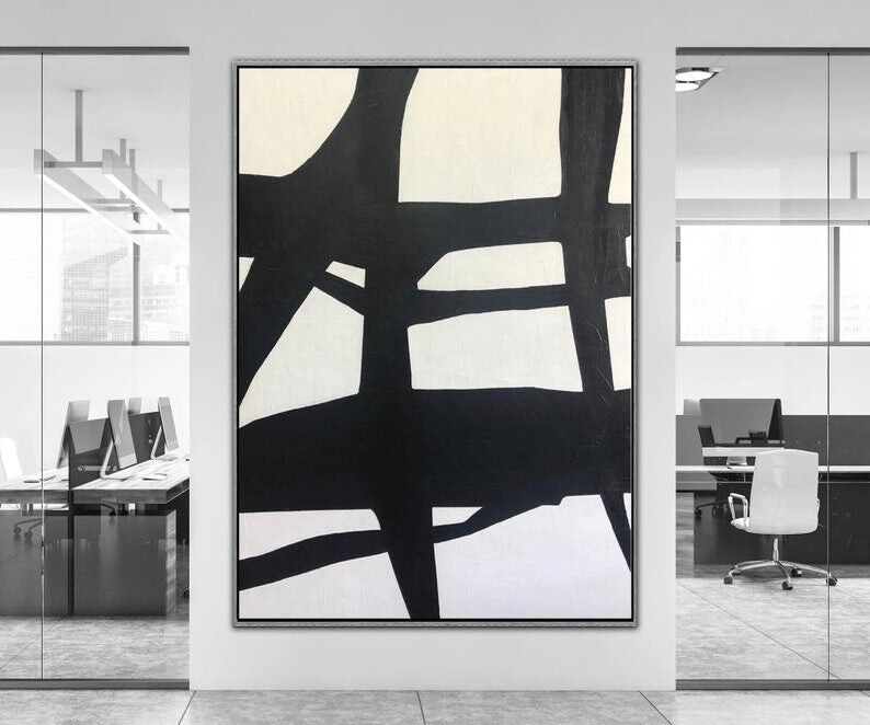 Peinture abstraite minimaliste en noir et blanc : Art mural géométrique sur toile
