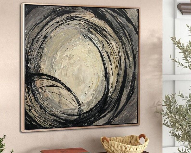 Grande toile abstraite neutre – Peinture texturée en spirale noire et beige, décoration murale minimaliste moderne