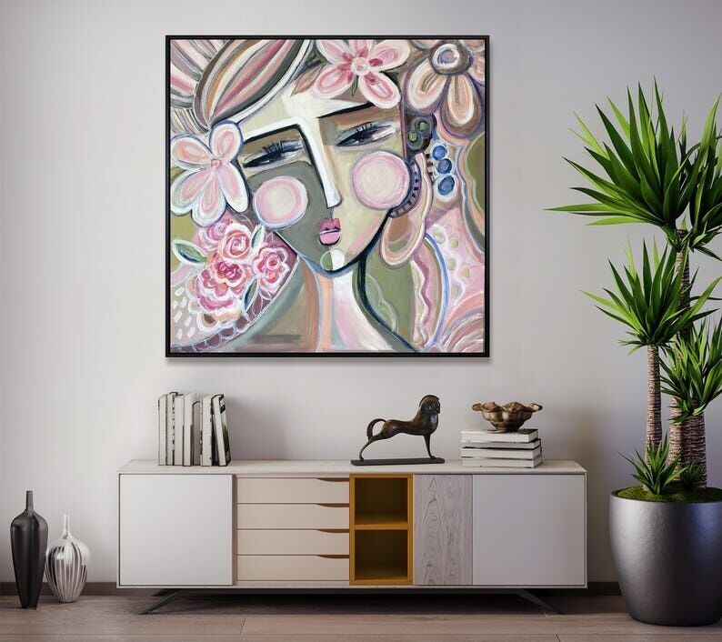 Portrait de femme – Peinture abstraite féminine aux tons pastel doux sur toile