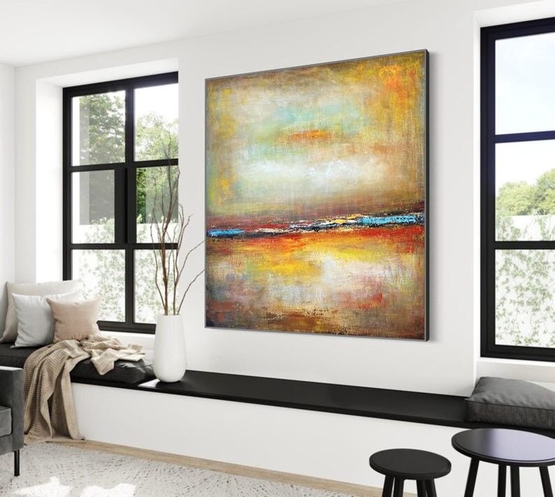 Tableau abstrait coucher de soleil doré – Huile moderne texturée sur toile