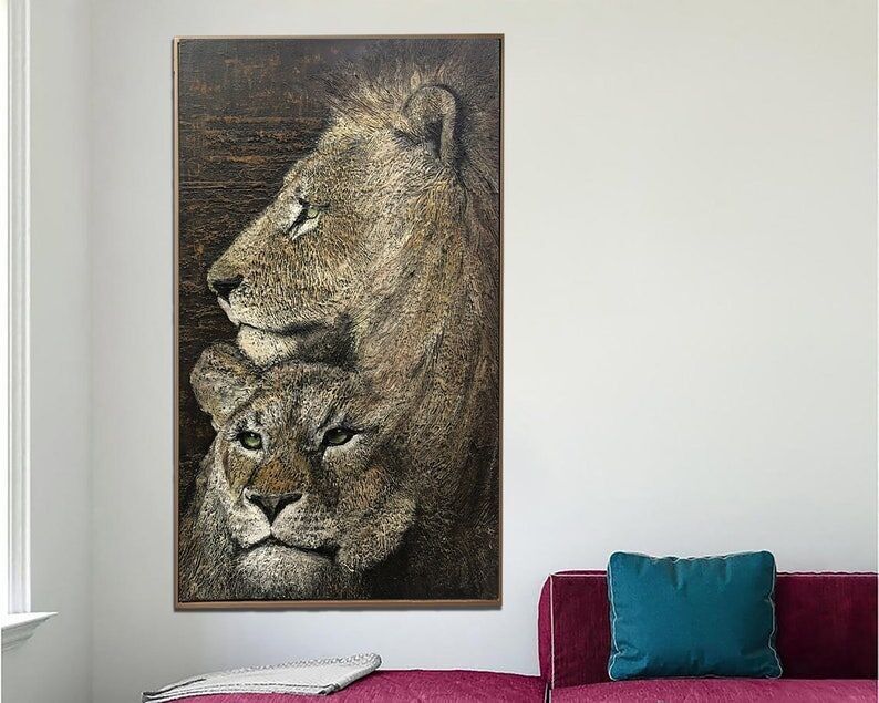Portrait d'un couple de lions : Peinture animalière texturée, art du safari africain