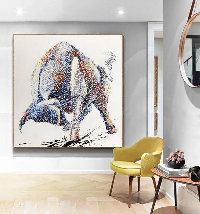 Grande peinture abstraite colorée représentant un taureau, œuvre d'art texturée sur toile, décoration murale