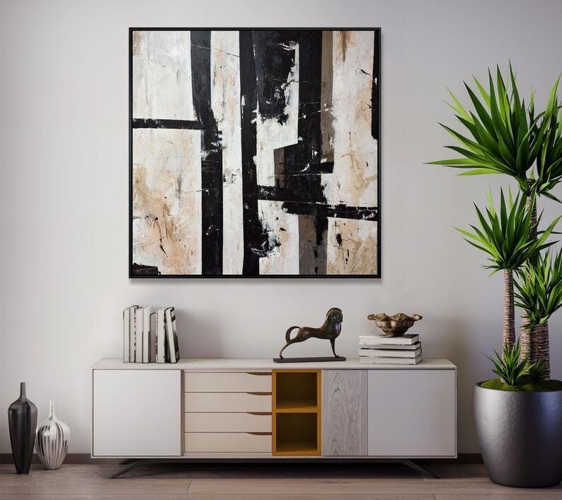 Peinture abstraite géométrique en noir et blanc – Toile texturée monochrome moderne 46" x 46"