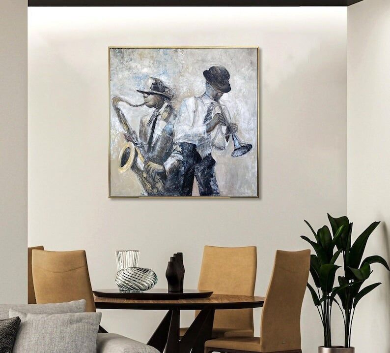 Tableau mural de musiciens de jazz – Toile peinte à la main représentant un saxophone et une trompette, peinture moderne inspirée par la musique 46"x46"