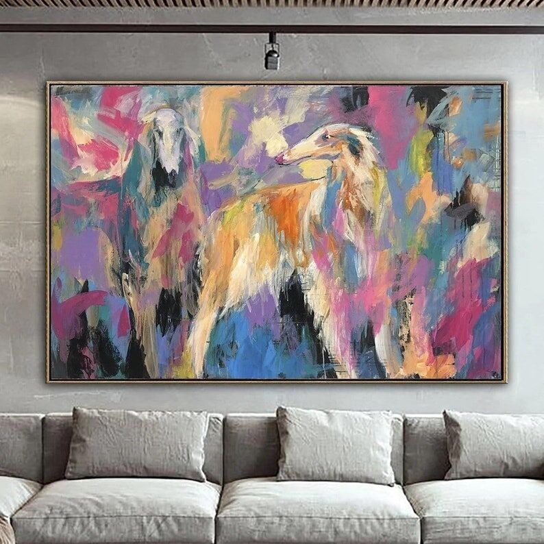 Tableau abstrait de chien – Décoration murale sur toile représentant un lévrier vibrant
