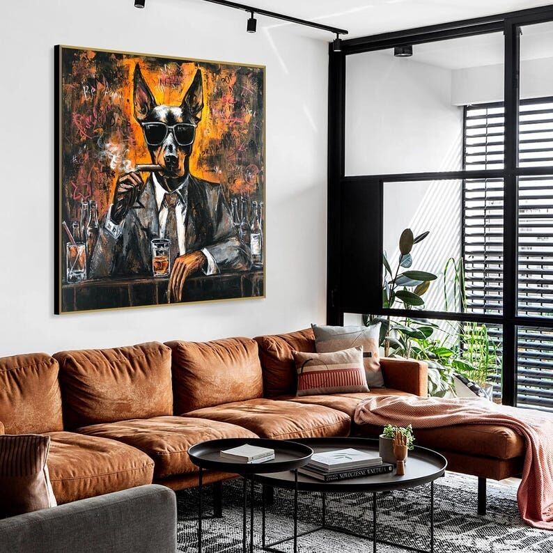 Tableau de chien – Toile murale pop art cool représentant un doberman fumant un cigare