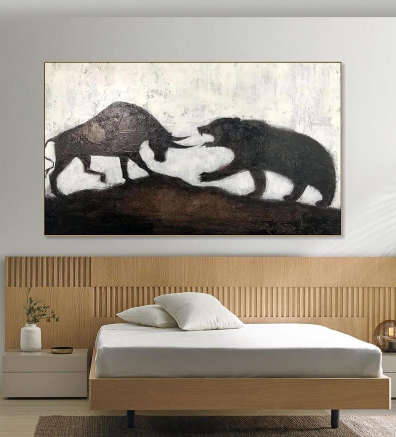 Peinture abstraite d'un taureau et d'un ours – Art boursier de Wall Street