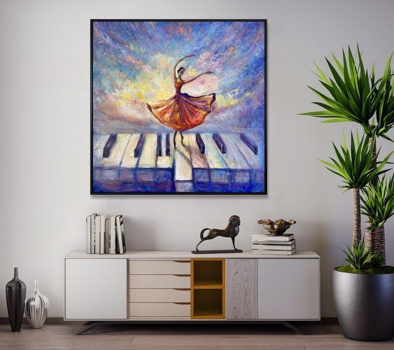 Peinture abstraite de ballerine – Art figuratif coloré de danse sur touches de piano 40"x40"