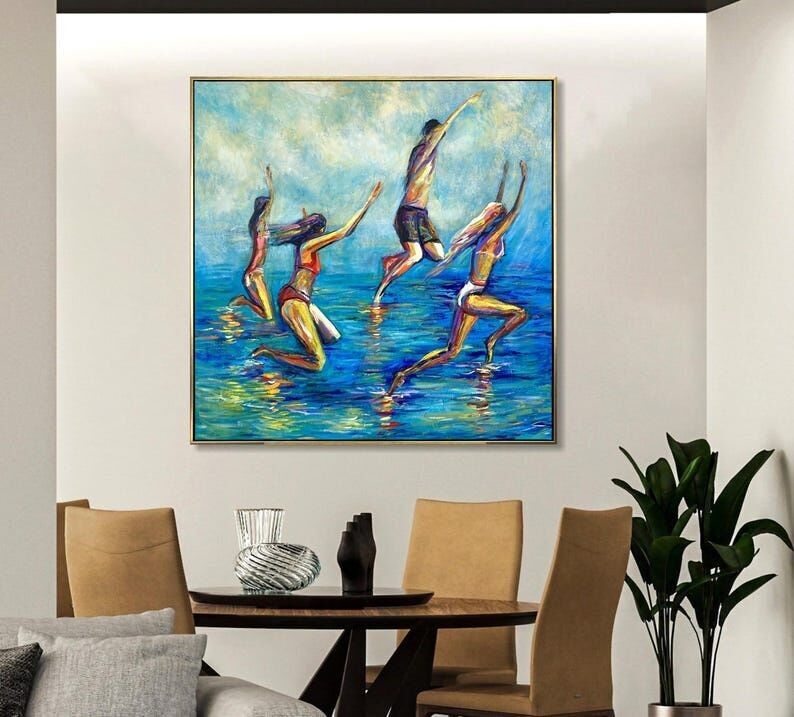 Peinture vibrante représentant une scène de plage – Art figuratif expressionniste d'été sur toile 40"x40"