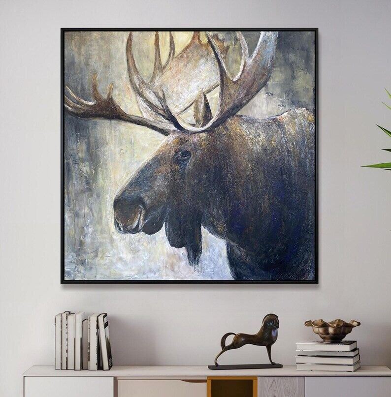 Grande peinture d'orignal : art animalier rustique, toile peinte à la main (117 x 117 cm)