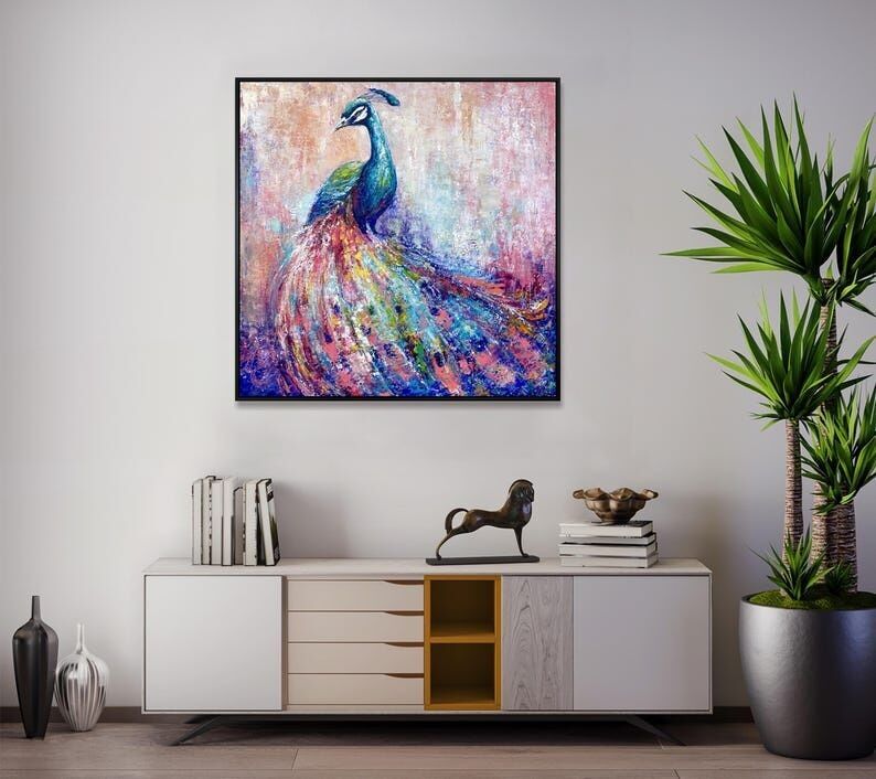 Peinture à l'huile abstraite d'un paon – Toile texturée et colorée représentant un oiseau, idéale pour une décoration moderne (81 x 81 cm).