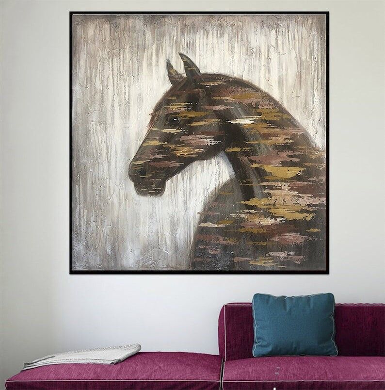 Peinture abstraite de cheval - Grande huile texturée sur toile, art mural moderne et neutre