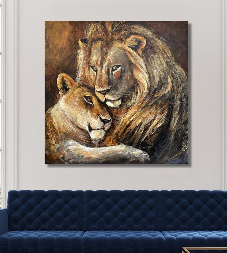 Couple de lions en peinture : Art animalier abstrait aux tons chauds (117 x 117 cm)