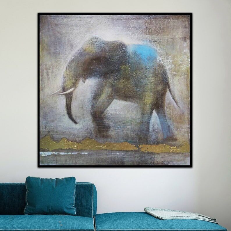 Tableau abstrait d'éléphant – Grande toile texturée représentant un animal sauvage, idéale pour une décoration intérieure moderne.